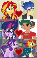 Size: 480x747 | Tagged: safe, flash sentry, sci-twi, starlight glimmer, sunburst, sunset shimmer, timber spruce, twilight sparkle, equestria girls, cropped, flashimmer, heart, magical trio, male, shipping, shipping domino, starburst, straight, timbertwi