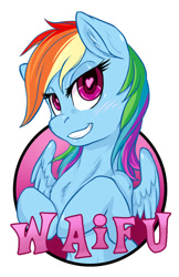 Size: 413x638 | Tagged: safe, artist:hobbes-maxwell, rainbow dash, pegasus, pony, bedroom eyes, ear fluff, explicit source, female, heart eyes, mare, smiling, solo, waifu, waifu badge, wingding eyes