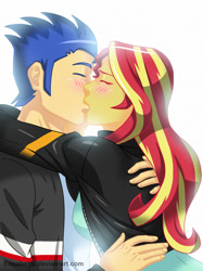 Size: 862x1155 | Tagged: safe, artist:erisabetta, flash sentry, sunset shimmer, equestria girls, clothes, flashimmer, kissing, male, shipping, simple background, straight, white background