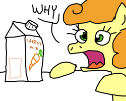 Size: 1280x1024 | Tagged: artist needed, safe, carrot top, golden harvest, /mlp/, carrot, carrot milk, carton, context is for the weak, dialogue, drawthread, eyes on the prize, open mouth, solo, table