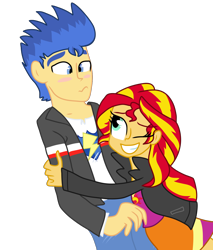 Size: 1310x1536 | Tagged: safe, artist:ellycooarts, flash sentry, sunset shimmer, equestria girls, blushing, clothes, flashimmer, hug, jacket, leather jacket, male, shipping, simple background, straight, transparent background, vector