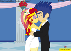 Size: 2313x1665 | Tagged: safe, artist:conikiblasu-fan, flash sentry, sunset shimmer, equestria girls, clothes, dress, eyes closed, eyeshadow, female, flashimmer, flower, flower in hair, hug, kissing, makeup, male, marriage, shipping, straight, suit, valentine's day, veil, wedding, wedding dress