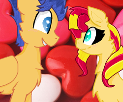 Size: 706x587 | Tagged: safe, artist:domithefox, flash sentry, sunset shimmer, pegasus, pony, unicorn, female, flashimmer, male, shipping, straight