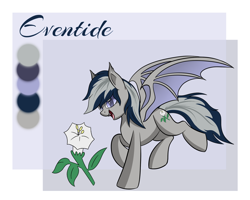 Size: 1500x1200 | Tagged: safe, artist:stradiverra, oc, oc only, oc:daturea eventide, bat pony, pony, flower, reference sheet, solo