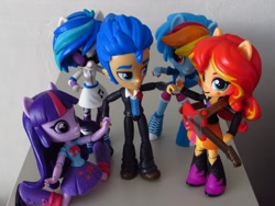 Size: 1200x900 | Tagged: safe, artist:whatthehell!?, derpibooru exclusive, dj pon-3, flash sentry, rainbow dash, sunset shimmer, twilight sparkle, vinyl scratch, equestria girls, boots, bowtie, clothes, doll, dress, electric guitar, equestria girls minis, eqventures of the minis, fall formal outfits, female, flashimmer, flashlight, guitar, high heel boots, irl, male, photo, shipping, skirt, straight, suit, toy, tuxedo