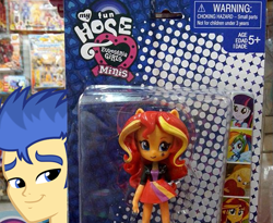 Size: 573x471 | Tagged: safe, edit, applejack, flash sentry, rainbow dash, sunset shimmer, twilight sparkle, equestria girls, bootleg, clothes, female, figure, flashimmer, irl, male, my fun hose, photo, shipping, skirt, straight, toy