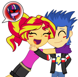 Size: 2639x2600 | Tagged: safe, artist:mlprocker123, flash sentry, sunset shimmer, twilight sparkle, equestria girls, alternate costumes, alternate hairstyle, alternate universe, angry, clothes, eyes closed, female, flashimmer, flashlight, hug, jealous, male, shipping, simple background, smiling, straight, transparent background