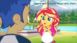 Size: 300x168 | Tagged: safe, edit, edited screencap, screencap, flash sentry, sunset shimmer, comic:a new change, equestria girls, legend of everfree, bad edit, fanfic, female, flashimmer, male, pregnant, pregnant edit, shipping, straight, teen pregnancy