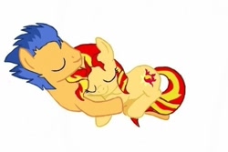 Size: 600x400 | Tagged: safe, artist:dr-j33, flash sentry, sunset shimmer, pony, cuddling, female, flashimmer, male, shipping, simple background, sleeping, straight, vector, white background