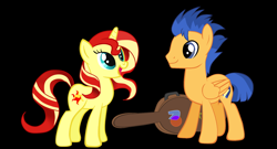 Size: 1024x552 | Tagged: safe, artist:3d4d, flash sentry, sunset shimmer, pony, flashimmer, guitar, shipping