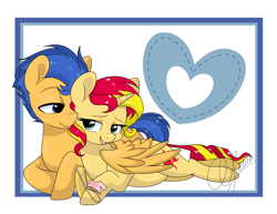 Size: 1280x989 | Tagged: dead source, safe, artist:inkie-heart, flash sentry, sunset shimmer, pegasus, pony, unicorn, couple, cuddling, cute, female, flashimmer, heart, love, male, pregnant, shipping, snuggling, straight