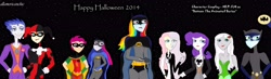 Size: 5756x1690 | Tagged: safe, artist:allamericanchic, flash sentry, fluttershy, rainbow dash, rarity, scootaloo, soarin', sunset shimmer, twilight sparkle, zecora, pegasus, pony, unicorn, batgirl, batman, batman and robin, batman the animated series, batmare, batsignal, catwoman, crossover, female, flashimmer, halloween, harley quinn, implied soarindash, male, monocle, poison ivy, robin, shipping, straight, the joker, the penguin, two-face