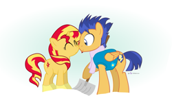 Size: 795x495 | Tagged: safe, artist:dm29, flash sentry, sunset shimmer, pegasus, pony, unicorn, winter wrap up, boop, clothes, cute, diasentres, female, flashimmer, julian yeo is trying to murder us, male, mare, nuzzling, shimmerbetes, shipping, shovel, snow, snow shovel, stallion, straight, vest, weather team, winter wrap up vest