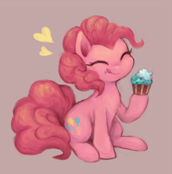 Size: 700x707 | Tagged: safe, artist:kei05, pinkie pie, earth pony, pony, chest fluff, cupcake, cute, diapinkes, eyes closed, female, food, heart, licking, licking lips, mare, purple background, simple background, sitting, solo, tongue out