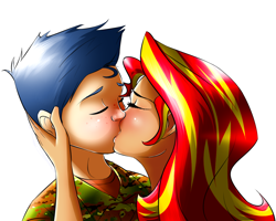 Size: 1280x1023 | Tagged: safe, flash sentry, sunset shimmer, human, camouflage, female, flashimmer, humanized, kissing, male, shipping, straight