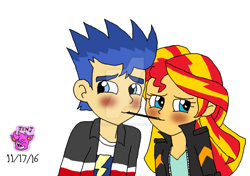 Size: 1024x721 | Tagged: safe, artist:resotii, flash sentry, sunset shimmer, equestria girls, blushing, female, flashimmer, food, male, mouth hold, obtrusive watermark, pocky, pocky game, shipping, shy, simple background, straight, watermark, white background