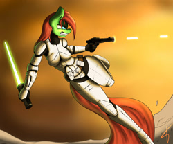 Size: 3000x2500 | Tagged: safe, artist:jamesjackobgermany, oc, oc only, oc:pending storm, anthro, unguligrade anthro, blaster, cleavage, commission, crossover, energy weapon, female, laser, lightsaber, solo, star wars, stormtrooper, weapon