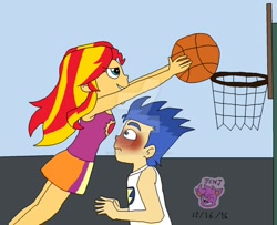 Size: 992x806 | Tagged: safe, artist:resotii, flash sentry, sunset shimmer, equestria girls, basketball, blushing, breasts, deviantart watermark, eyes on the prize, female, flashimmer, male, obtrusive watermark, shipping, sports, straight, watermark