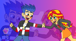 Size: 1024x554 | Tagged: safe, artist:resotii, flash sentry, sunset shimmer, equestria girls, female, flashimmer, holding hands, male, shipping, straight, zoom layer