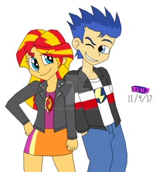 Size: 848x942 | Tagged: safe, artist:resotii, flash sentry, sunset shimmer, equestria girls, female, flashimmer, male, one eye closed, shipping, smiling, standing next to each other, straight, wink
