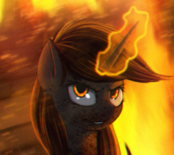 Size: 577x513 | Tagged: safe, artist:rublegun, oc, oc only, oc:littlepip, pony, unicorn, fallout equestria, fanfic, fanfic art, female, glowing horn, magic, mare, solo