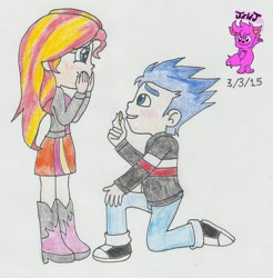 Size: 1024x1040 | Tagged: safe, artist:resotii, flash sentry, sunset shimmer, equestria girls, female, flashimmer, male, marriage proposal, ring, shipping, straight, traditional art