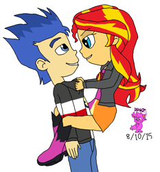 Size: 960x1031 | Tagged: safe, artist:resotii, flash sentry, sunset shimmer, equestria girls, clinging, female, flashimmer, happy, male, shipping, straight