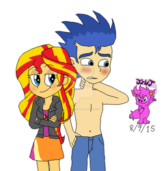 Size: 1024x1079 | Tagged: safe, artist:resotii, flash sentry, sunset shimmer, equestria girls, belly button, clothes, female, flashimmer, jeans, male, pants, partial nudity, shipping, smiling, straight, topless