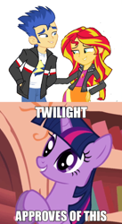 Size: 1368x2504 | Tagged: safe, flash sentry, sunset shimmer, twilight sparkle, twilight sparkle (alicorn), alicorn, equestria girls, approved, approves, female, flashimmer, golden oaks library, male, shipping, straight