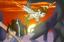 Size: 2000x1300 | Tagged: safe, artist:bravefleet, oc, oc only, oc:brave dash, oc:green mist, flying, sunset, tail feathers