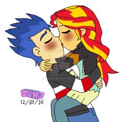 Size: 890x898 | Tagged: safe, artist:resotii, flash sentry, sunset shimmer, equestria girls, clothes, female, flashimmer, jacket, kissing, leather jacket, male, shipping, straight