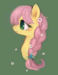 Size: 394x509 | Tagged: safe, artist:kei05, fluttershy, pegasus, pony, alternate hairstyle, female, flower, flower in hair, mare, simple background, solo