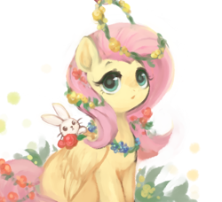 Size: 654x596 | Tagged: safe, artist:kei05, angel bunny, fluttershy, pegasus, pony, female, floral head wreath, flower, flower in hair, looking at you, mare