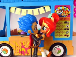 Size: 1080x810 | Tagged: safe, artist:whatthehell!?, flash sentry, sunset shimmer, fish, equestria girls, clothes, doll, equestria girls minis, female, flashimmer, food, guitar, hug, japanese, male, outfit, shipping, shoes, straight, sunset sushi, sushi, toy, truck, tuxedo