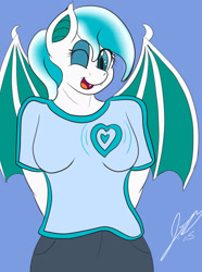 Size: 1480x1986 | Tagged: safe, artist:lunarnobis, oc, oc only, oc:heart rhythm, anthro, bat pony, anthro oc, clothes, cute, solo