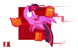 Size: 1979x1239 | Tagged: safe, artist:fluttershythekind, twilight sparkle, twilight sparkle (alicorn), alicorn, pony, book, bookhorse, female, flying, magic, mare, solo, stylized, telekinesis