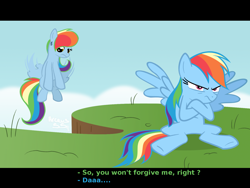 Size: 1600x1200 | Tagged: safe, artist:arceus55, rainbow dash, oc, oc:rainbow bearer, pegasus, pony, angry, dialogue, fake screencap, not rainbow dash, subtitles