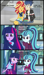 Size: 1316x2226 | Tagged: safe, artist:themexicanpunisher, flash sentry, sonata dusk, sunset shimmer, twilight sparkle, equestria girls, comic, female, flashimmer, lesbian, male, shipping, straight, twinata