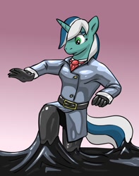 Size: 1008x1280 | Tagged: safe, artist:endium, oc, oc only, oc:skyfall, anthro, unicorn, anthro oc, clothes, cravat, female, gloves, latex, latex gloves, latex suit, rubber, sinking, solo, stuck