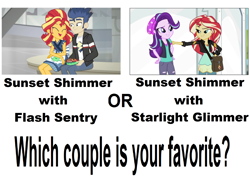 Size: 1976x1436 | Tagged: safe, flash sentry, starlight glimmer, sunset shimmer, eqg summertime shorts, equestria girls, good vibes, mirror magic, spoiler:eqg specials, choice, female, flashimmer, lesbian, male, shimmerglimmer, shipping, shipping war, straight, wrong aspect ratio