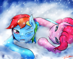 Size: 4724x3838 | Tagged: safe, artist:elzzombie, pinkie pie, rainbow dash, earth pony, pegasus, pony, dying, injured, snow, snowfall