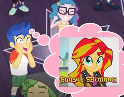 Size: 625x489 | Tagged: safe, edit, edited screencap, screencap, flash sentry, sandalwood, sunset shimmer, technicolor waves, better together, equestria girls, spring breakdown, cropped, doodle bug, female, flashimmer, male, shipping, straight