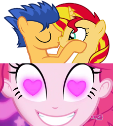 Size: 852x955 | Tagged: safe, artist:mlpfan3991, flash sentry, pinkie pie, sunset shimmer, coinky-dink world, eqg summertime shorts, equestria girls, female, flashimmer, male, meme, pinkie's eyes, shipping, straight