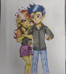 Size: 1080x1222 | Tagged: safe, artist:mrbojorquez7, flash sentry, sunset shimmer, better together, equestria girls, cute, female, flashimmer, male, shimmerbetes, shipping, straight, traditional art