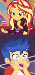 Size: 540x1156 | Tagged: safe, flash sentry, sunset shimmer, better together, equestria girls, spring breakdown, female, flashimmer, how to backstage, male, shipping, shipping domino, smiling, starry eyes, straight, wingding eyes