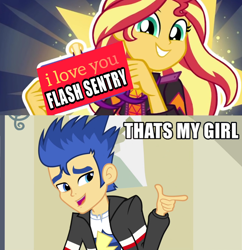 Size: 1280x1324 | Tagged: safe, edit, edited screencap, screencap, flash sentry, sunset shimmer, better together, equestria girls, rainbow rocks, female, flashimmer, how to backstage, impact font, male, shipping, straight