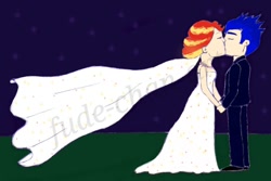 Size: 1000x666 | Tagged: safe, artist:fude-chan-art, flash sentry, sunset shimmer, equestria girls, bride, clothes, dress, female, flashimmer, groom, kissing, male, marriage, shipping, straight, wedding, wedding dress, wedding night, wedding veil