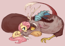 Size: 780x551 | Tagged: safe, artist:kei05, discord, fluttershy, draconequus, pegasus, pony, eye contact, female, looking at each other, male, pink background, simple background