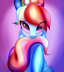 Size: 3248x3661 | Tagged: safe, artist:elzzombie, rainbow dash, pegasus, pony, blushing, looking at you, solo, tail bite