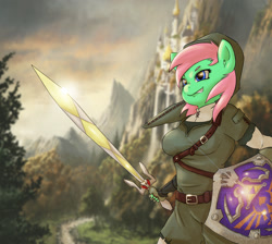 Size: 2236x2000 | Tagged: safe, artist:robothehoobo, oc, oc only, oc:pending storm, anthro, belt, gilded sword, hat, hylian shield, link, shield, solo, sword, the legend of zelda